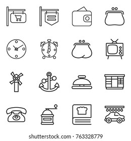 Thin line icon set : shop signboard, wallet, purse, clock, alarm, tv, windmill, anchor, service bell, wardrobe, phone, hand mill, cooking book, car wash