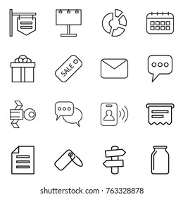 Thin line icon set : shop signboard, billboard, circle diagram, calendar, gift, sale, mail, message, satellite, discussion, pass card, atm receipt, document, label, signpost, bank