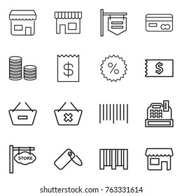 Thin line icon set : shop, signboard, card, coin stack, receipt, percent, remove from basket, delete cart, bar code, cashbox, store, label