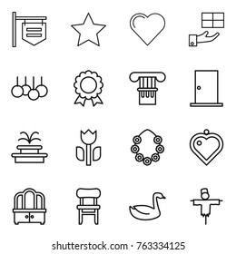 Thin line icon set : shop signboard, star, heart, gift, sale, medal, column, door, fountain, perishable, hawaiian wreath, pendant, dresser, chair, goose, scarecrow