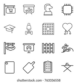 Thin line icon set : shop signboard, presentation, chess horse, chip, graduate hat, hoverboard, cpu, cardio, pallet, surfer, cutting board, clipboard list, iron