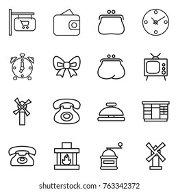 Thin line icon set : shop signboard, wallet, purse, clock, alarm, bow, tv, windmill, phone, service bell, wardrobe, fireplace, hand mill