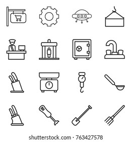 Thin line icon set : shop signboard, gear, ufo, loading crane, customs control, detector, safe, water tap, stands for knives, kitchen scales, handle, ladle, knife holder, blender, shovel, fork