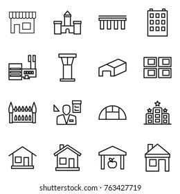 Thin line icon set : shop, castle, bridge, building, mall, airport tower, warehouse, panel house, gothic architecture, architector, greenhouse, hotel, home
