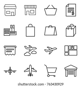 Thin line icon set : shop, basket, account balance, store, shopping bag, atm receipt, journey, plane, consolidated cargo, airplane, cart, garage