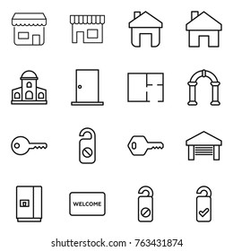 Thin line icon set : shop, home, mansion, door, plan, arch, key, do not distrub, garage, fridge, welcome mat, please clean