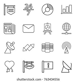 Thin line icon set : shop signboard, 24 7, circle diagram, graph, newspaper, mail, presentation, globe connect, satellite antenna, up down arrow, server, cardio chip, important flag