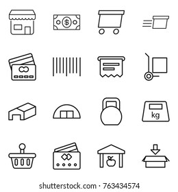 Thin line icon set : shop, money, delivery, credit card, bar code, atm receipt, cargo stoller, warehouse, hangare, heavy, basket, package