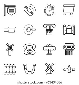 Thin line icon set : shop signboard, call, stopwatch, delivery, cell corection, column, minaret, windmill, phone, restaurant, antique, fence, horseshoe, hard reach place cleaning