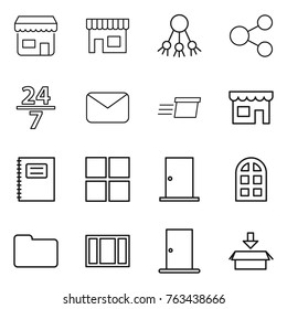 Thin line icon set : shop, share, 24 7, mail, delivery, copybook, window, door, arch, documents, package