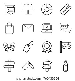Thin line icon set : shop signboard, billboard, circle diagram, sale, shopping bag, mail, notebook, discussion, bow, label, medal, singlepost, signpost, toilet cleanser