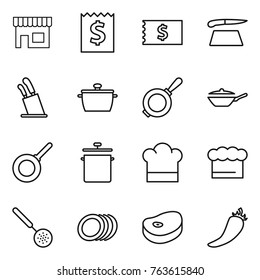 Thin line icon set : shop, receipt, cutting board, stands for knives, pan, cook hat, chief, skimmer, plates, steake, hot pepper