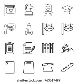 Thin line icon set : shop signboard, chess horse, presentation, graduate hat, hoverboard, store, clipboard, inventory, pallet, surfer, cutting board, stairs