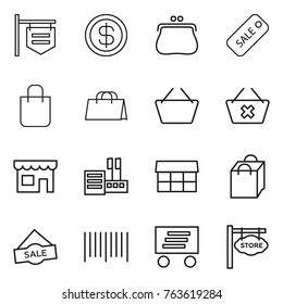 Thin line icon set : shop signboard, dollar, purse, sale, shopping bag, basket, delete cart, store, market, bar code, delivery