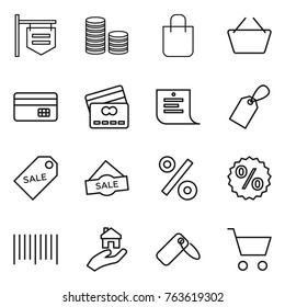 Thin line icon set : shop signboard, coin stack, shopping bag, basket, credit card, list, label, sale, percent, bar code, real estate, cart