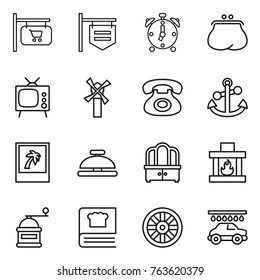 Thin line icon set : shop signboard, alarm clock, purse, tv, windmill, phone, anchor, photo, service bell, dresser, fireplace, hand mill, cooking book, wheel, car wash