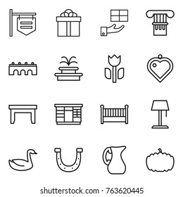 Thin line icon set : shop signboard, gift, column, bridge, fountain, perishable, heart pendant, table, wardrobe, crib, floor lamp, goose, horseshoe, jug, pumpkin