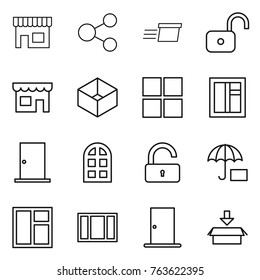 Thin line icon set : shop, share, delivery, unlock, box, window, door, arch, insurance, package