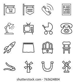 Thin line icon set : shop signboard, call, abacus, table lamp, tv, baby stroller, phone, rocket, curtain, dresser, chair, walnut crack, windmill, horseshoe