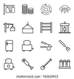 Thin line icon set : shop signboard, coin stack, around gear, ufo, loading, crane, rack, detector, fridge, toaster, garlic clasp, big fork, blender, shovel, grain elevator
