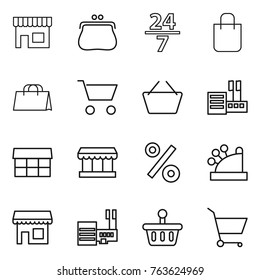 Thin line icon set : shop, purse, 24 7, shopping bag, cart, basket, store, market, percent, cashbox, mall