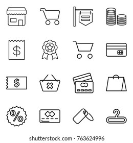 Thin line icon set : shop, cart, signboard, coin stack, receipt, medal, credit card, delete, shopping bag, percent, label, hanger