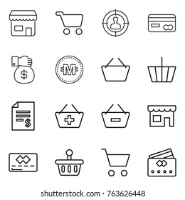 Thin line icon set : shop, cart, target audience, card, money gift, crypto currency, basket, account balance, add to, remove from, credit