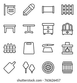 Thin line icon set : shop signboard, pencil, fence, pallet, table, nightstand, dresser, cutting board, fireplace, trees, wheel, barrel