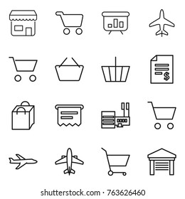 Thin line icon set : shop, cart, presentation, plane, basket, account balance, shopping bag, atm receipt, mall, airplane, garage