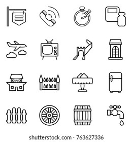 Thin line icon set : shop signboard, call, stopwatch, scales weight, journey, tv, greate wall, building, japanese house, gothic architecture, restaurant, fridge, fence, wheel, barrel, water tap