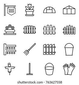 Thin line icon set : shop signboard, flower, greenhouse, bed, fence, watering, fork, bucket, scarecrow, rake, gloves