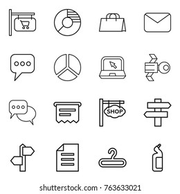 Thin line icon set : shop signboard, circle diagram, shopping bag, mail, message, notebook, satellite, discussion, atm receipt, singlepost, signpost, document, hanger, toilet cleanser