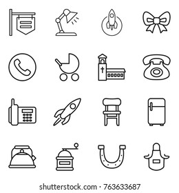 Thin line icon set : shop signboard, table lamp, rocket, bow, phone, baby stroller, church, chair, fridge, kettle, hand mill, horseshoe, apron