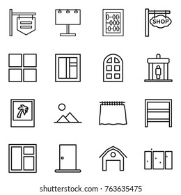 Thin line icon set : shop signboard, billboard, abacus, window, arch, detector, photo, landscape, curtain, rack, door, barn, clean