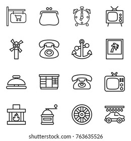 Thin line icon set : shop signboard, purse, alarm clock, tv, windmill, phone, anchor, photo, service bell, wardrobe, fireplace, hand mill, wheel, car wash