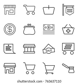 Thin line icon set : shop, cart, basket, signboard, dollar, purse, money, add to, shopping list, market, sale, delivery, turk