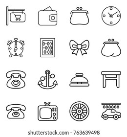 Thin line icon set : shop signboard, wallet, purse, clock, alarm, abacus, bow, phone, anchor, service bell, stool, tv, wheel, car wash