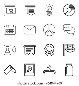 Thin line icon set : shop signboard, bulb, circle diagram, calendar, mail, discussion, pass card, atm receipt, medal, label, photo, hanger, bank