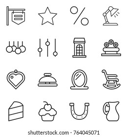 Thin line icon set : shop signboard, star, percent, table lamp, sale, equalizer, building, flower bed, heart pendant, service bell, mirror, rocking chair, cake, cupcake, horseshoe, jug