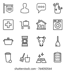 Thin line icon set : shop signboard, man, message, cleanser, first aid, baggage trolley, home, washing machine, pan, pasta, cow, broom, trash bin, bucket and, clean floor, clipboard list