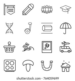 Thin line icon set : shop signboard, pencil, team, graduate hat, dna, segway, nano tube, dry cargo, basket, surfer, photo, transfer, hob, mushroom, horseshoe, house cleaning