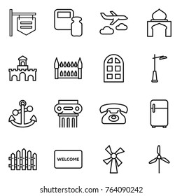 Thin line icon set : shop signboard, scales weight, journey, minaret, fort, gothic architecture, arch window, outdoor light, anchor, antique column, phone, fridge, fence, welcome mat, windmill