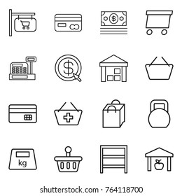 Thin line icon set : shop signboard, card, money, delivery, cashbox, dollar arrow, warehouse, basket, credit, add to, shopping bag, heavy, rack