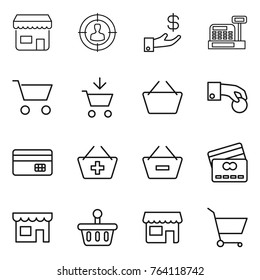 Thin line icon set : shop, target audience, investment, cashbox, cart, add to, basket, hand coin, credit card, remove from