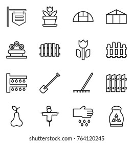 Thin line icon set : shop signboard, flower, greenhouse, bed, fence, perishable, watering, shovel, rake, pear, scarecrow, sow, fertilizer