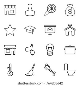 Thin line icon set : shop, man, dollar magnifier, money bag, star, graduate hat, presentation, bungalow, golf, bulb, pan, thermometer, broom, blower, toilet
