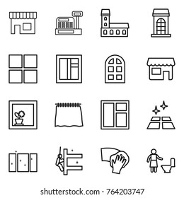 Thin line icon set : shop, cashbox, mansion, building, window, arch, flower in, curtain, clean floor, skyscrapers cleaning, wiping, toilet