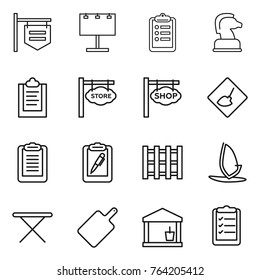 Thin line icon set : shop signboard, billboard, clipboard, chess horse, store, under construction, pen, pallet, windsurfing, iron board, cutting, utility room, list
