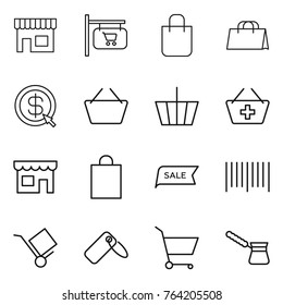 Thin line icon set : shop, signboard, shopping bag, dollar arrow, basket, add to, sale, bar code, trolley, label, cart, turk