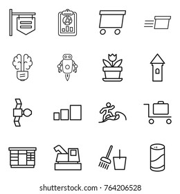 Thin line icon set : shop signboard, report, delivery, bulb brain, jet robot, flower, tower, satellite, sorting, surfer, baggage trolley, wardrobe, harvester, bucket and broom, cleanser powder